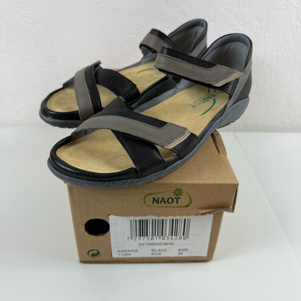 NAOT Karawa Women’s Size 38 (7-7.5) Leather Sandals Black/Gray New w/ Box